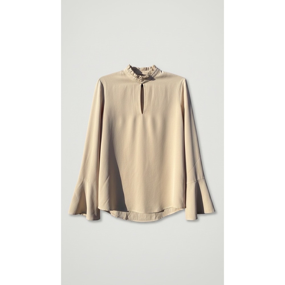 Theory Mabrey Classic GGT Silk Blouse Beige Ruffle Neck Bell Sleeve Top S